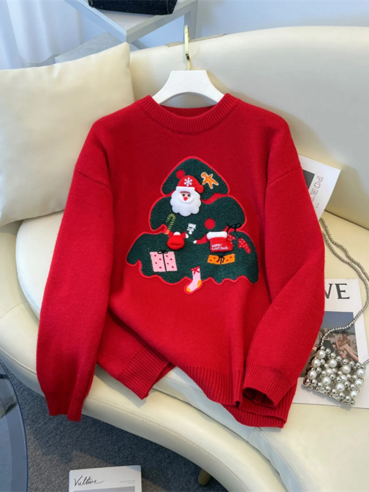 

Cisas Tree Pattern Thiened Red Sweater Women's Sweet Aosphere Winter New Sle Loose Knitted Top Warm Commute Sle