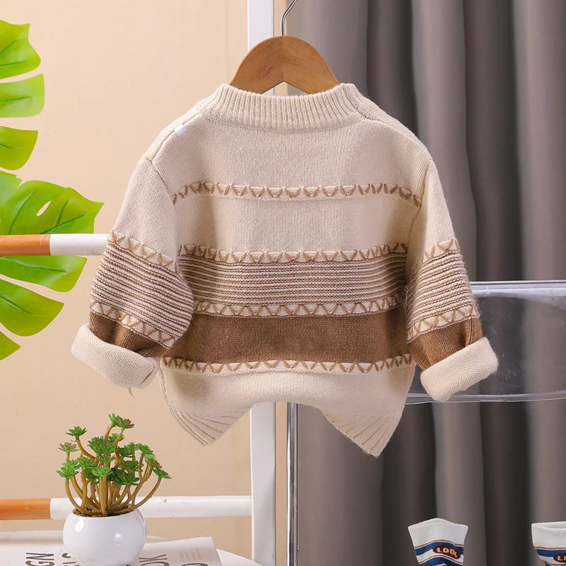 Boys Woolen Sweater Crochet Cotton Windbreak 2024 Scoop Plus Thicken Autumn Winter Pullover Warm Children's Clothing