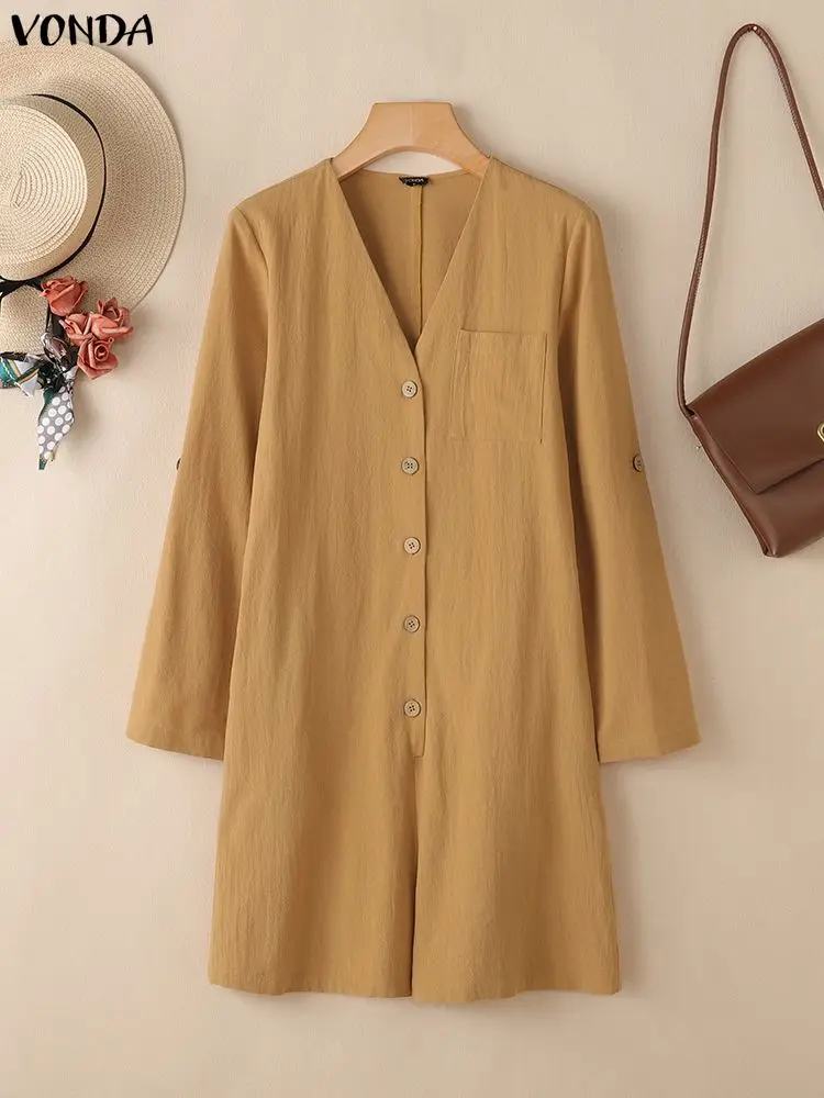 

VONDA Vintage Cotton Playsuits 2025 Autumn Women Long Sleeve V-Neck Short Jumpsuits Fashion Solid Pockets Elegant Office Overall