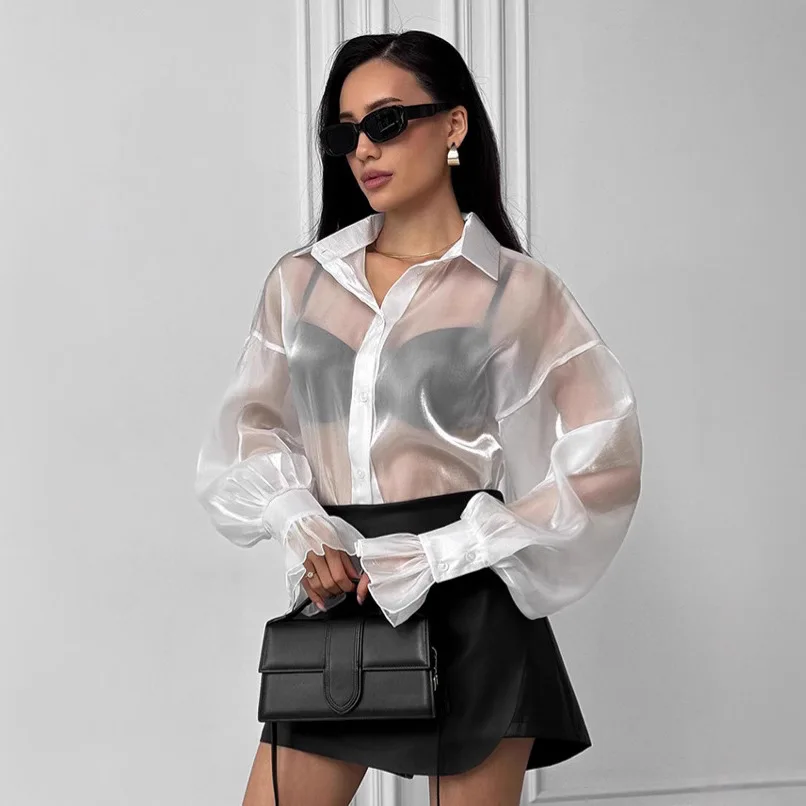 Sexy Gauze See-though Blouses Women Lantern Sleeve Elegant Turn Down Collar Shirt Summer Loose Casual Sunscreen Shirt