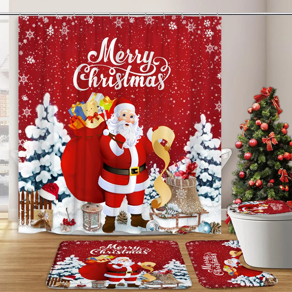 4Pcs Cartoon Christmas Shower Curtain Santa Claus Elk Snowman Snowflake Winter Farm Bath Mat Toilet Cover Set For Bathroom Decor