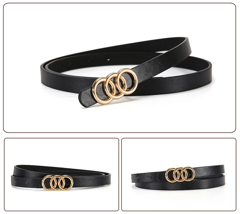 A Set of Thin Waist Belts with Golden Three-loop Buckles. It's a Versatile Style Suitable for Spring and Summer, and Can Be Pair