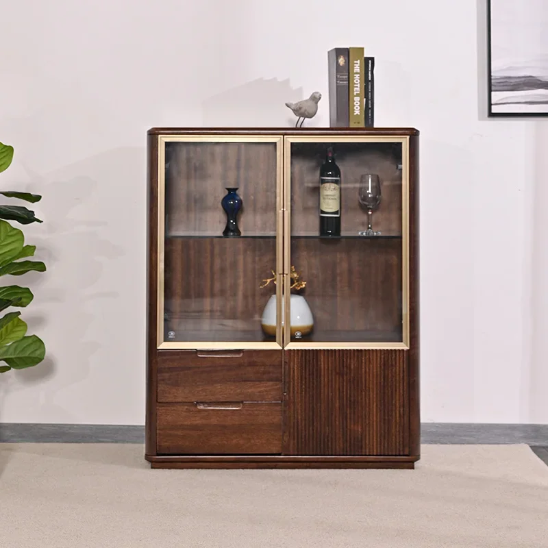 Walnut Solid Wood Chinese Modern Simplicity Living Room Glass Display Storage Low Cabinet