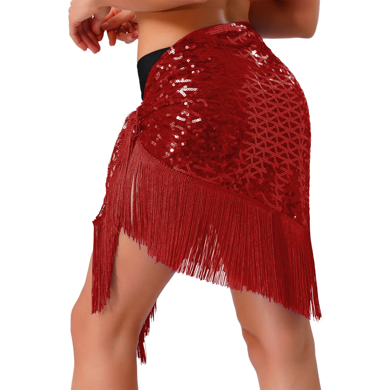 Bufanda de cadera para danza del vientre para mujer, malla de lentejuelas, borla, flecos, falda triangular con cordones, cadena de cintura para baile latino, Flamenco, español