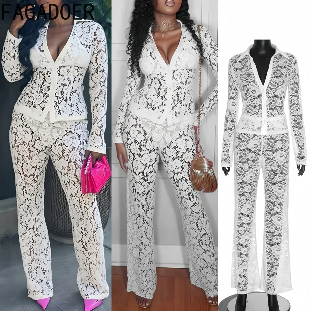 

FAGADOER Sexy Lace Floral Hollow Out 2 Pieces Set for Woman See Through Long Sleeves Top and Pants Matching Female Streetwear