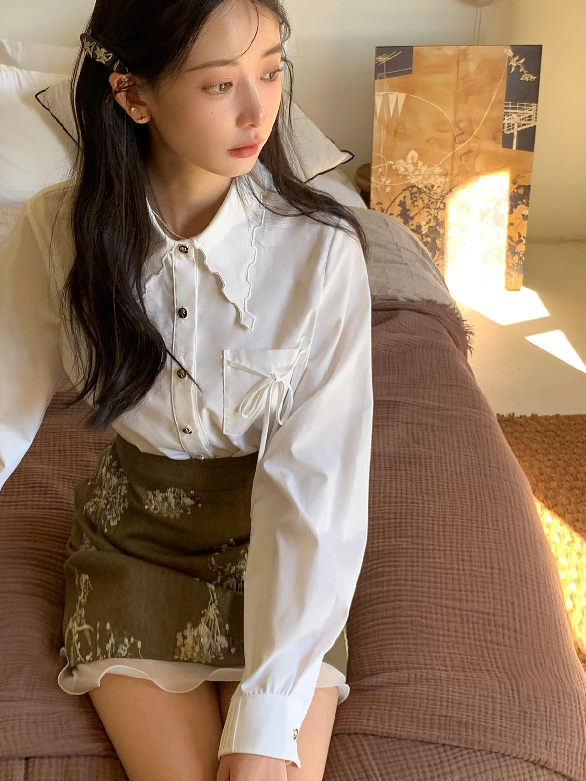 

Lii Women's irt with ket Sawtooth Collar Knot Design Early Autumn Faionable Versatile Top