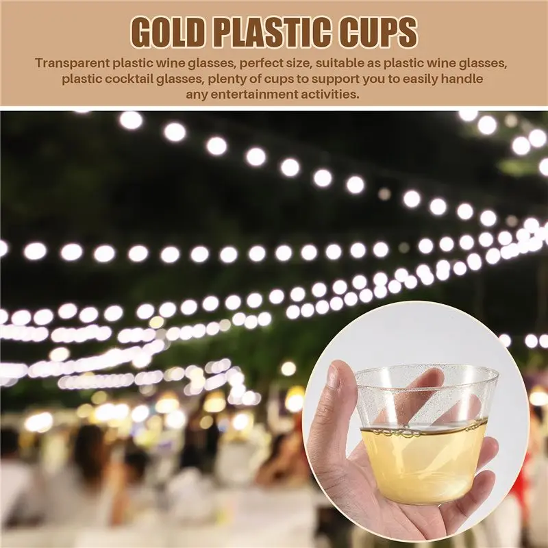 ABGH-Gold Plastic Cups Clear Plastic Wine Glasses, Fancy Disposable Hard Plastic Cups With Gold Glitter For Party Cups