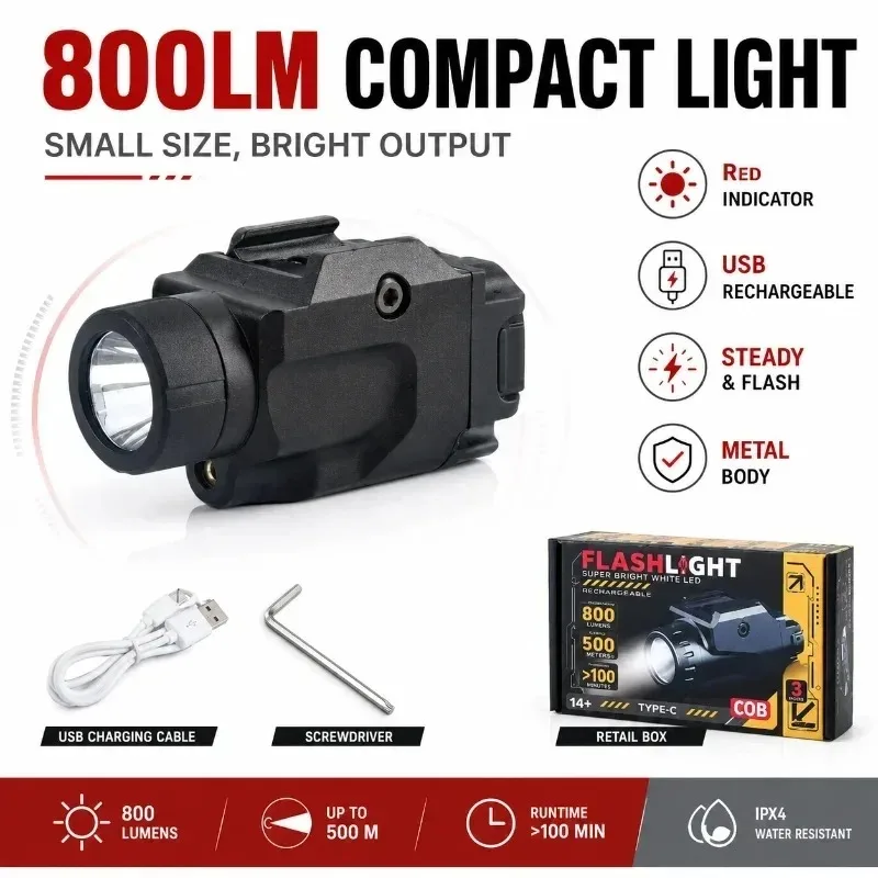 Type‑C Charging 800LM Flashlight with Red Indicator, Decorative Metal Part Fit 20mm Rail Bracket