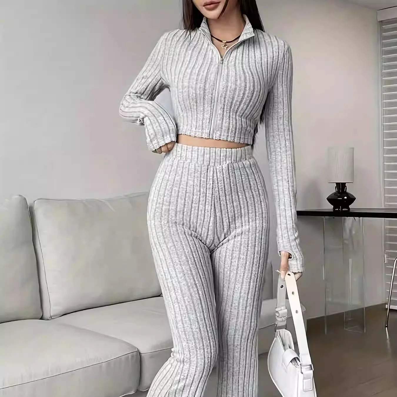 

Расклешенные брюки с высокой талией, комплект из двух предметов на молнии, модный полиэстер, длинный воротник-стойка, студенческая orm, спецодежда