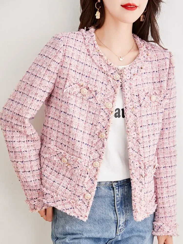 Elegant Pink Tweed Vintage O-neck Jackets Korean Fashion Single Breasted Loose Coats Tops Casual Long Sleeve Classic Abrigos New