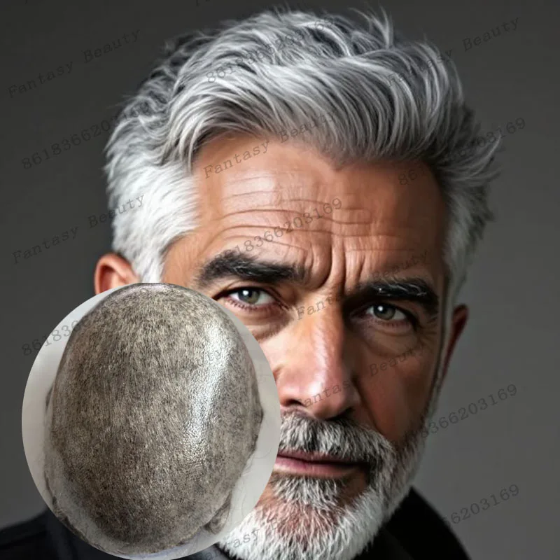 

Undetectable Micro Thin Skin 1B80 Grey Old Man Human Hair Wigs Replacement Natural Hairline Remy Full Pu Base Men Toupee