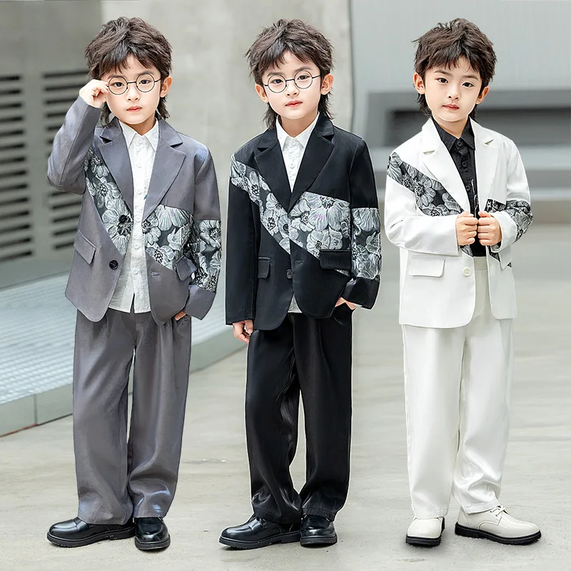 

Приталенный костюм с рисунком для мальчиков, комплект из 2 предметов, куртка, брюки, детский свадебный смокинг с зубчатыми лацканами, одежда для выступлений на фортепиано
