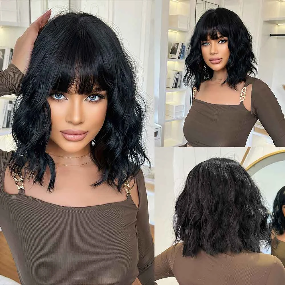 Black Wig with Bangs Natural Wigs for Women Short Wavy Synthetic Daily Party Heat Resistant Hair