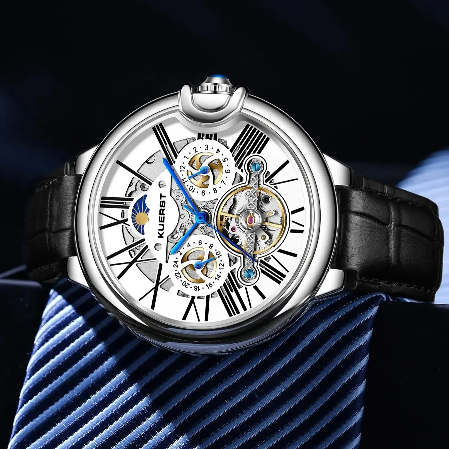 KUERST Day Star Double Press Bow Button Automatic Mechanical Multi Function Waterproof 24 Hours/flywheel Fashion Watch