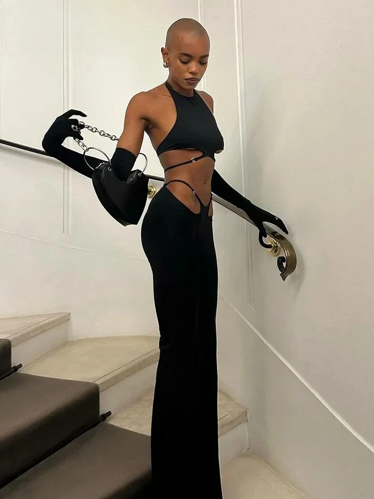 ホローストラップ2ピースセット レディース サマー セクシー 無地 ホルターネック バックレス トップス+スパンコール フレアパンツ パーティー スキニー セットアップ