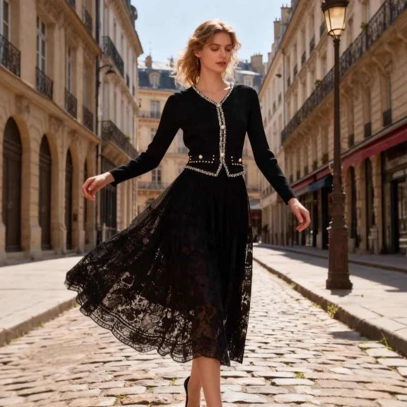 

Miyake новое французское плиссированное платье большого размера с длинными рукавами, осеннее кружевное темпераментное элегантное длинное платье с v-образным вырезом, женская одежда