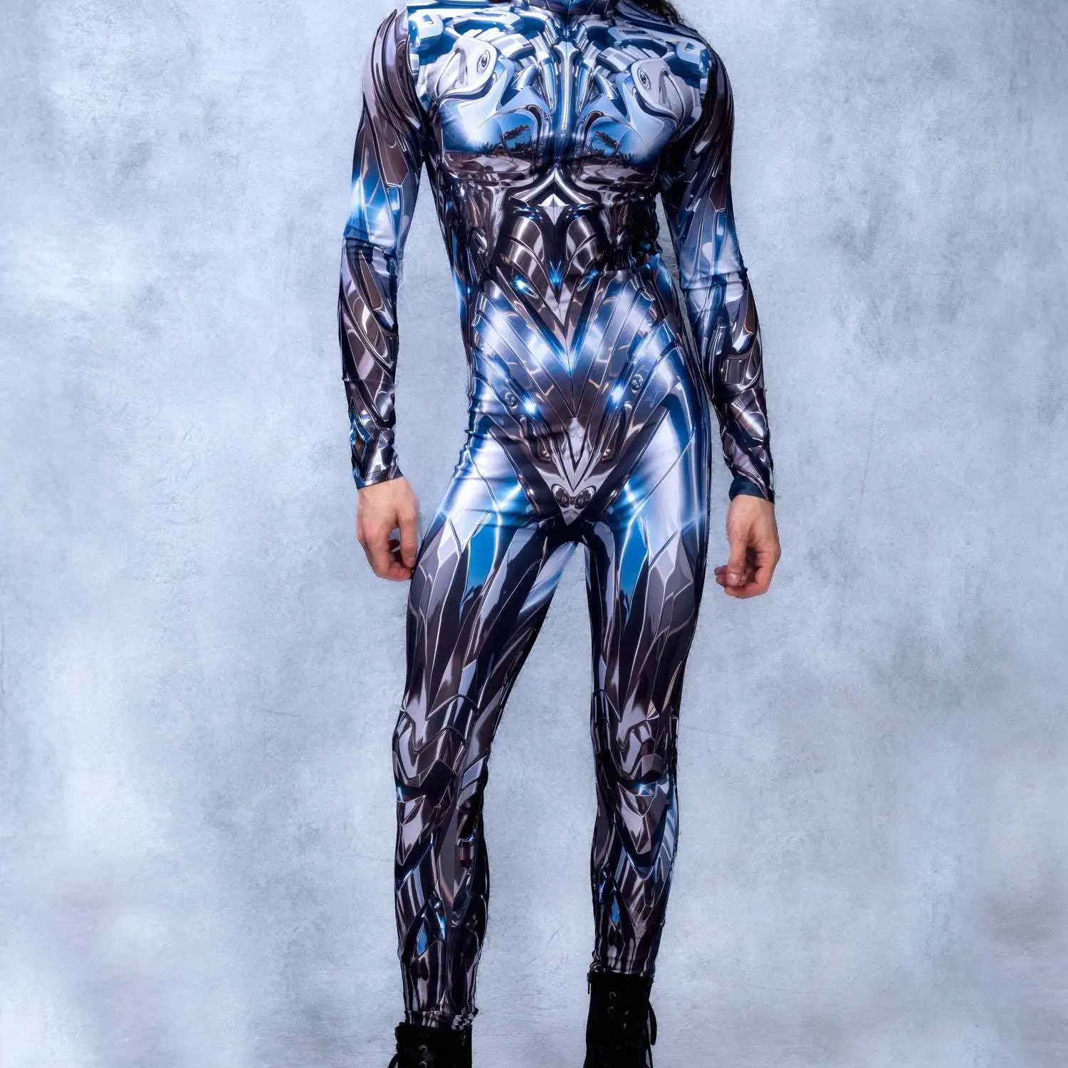 Cooler schwarzer Jumpsuit für Männer, Punk-Overall, Halloween-Karnevalsparty, Cosplay, Steampunk-Kostüm, Party-Kampfanzug, elastischer Bodysuit – Detail 22
