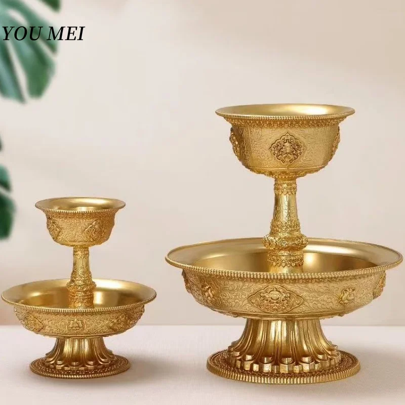 Buddhism Guardian Plate,Engraving Eight Auspicious Tibetan Brass Manza Plate,2 Layer Altars Holy Water Cup,Buddhist Items