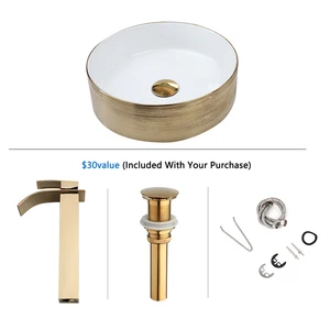 Yanksmart Round Gold Ceramics Badezimmerbecken Vanit Bench Golden Pia Mixer Wasserfall Wasserfall mit Popup Drain-Kombination Kit Zapfen 8 Hauptbadezimmerpias Verkauf - №6