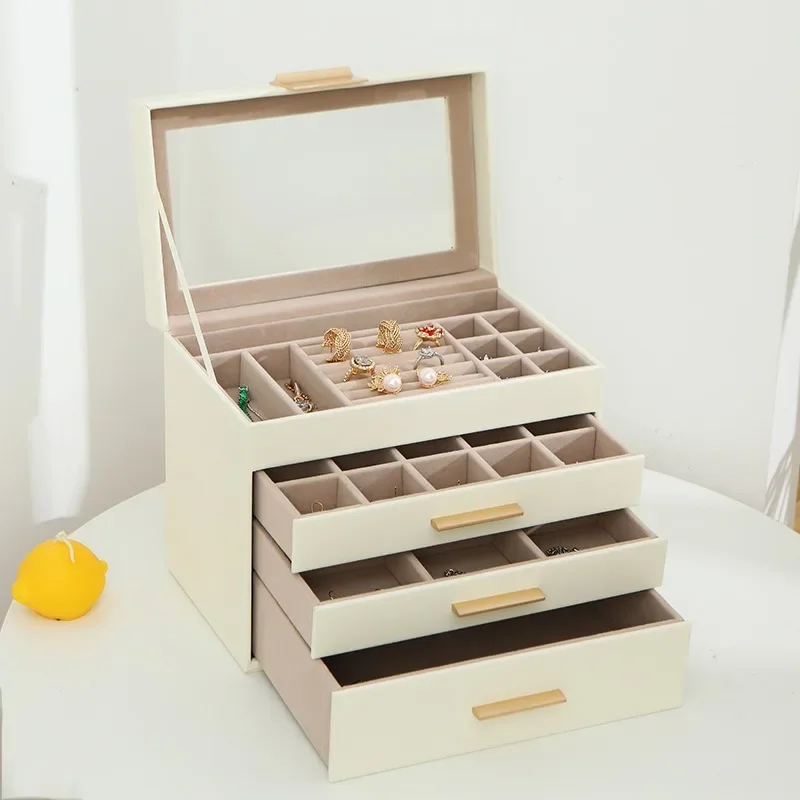 PU 4-Layer Jewelry Storage Box with Open Window, Gold Drawer Design, Necklace Earring Accessory Organizer for Home Dresser Use