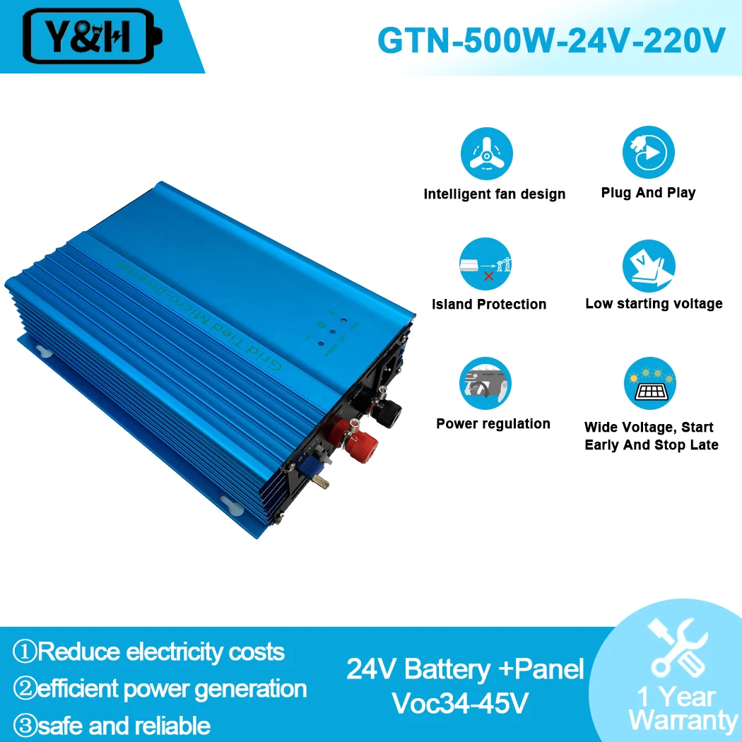 Y&H 500W Micro Grid Tie Inverter Pure Sine Wave MPPT AC230V output DC16V-28V/26V-45V &12V/24V Battery Discharge Adjustable