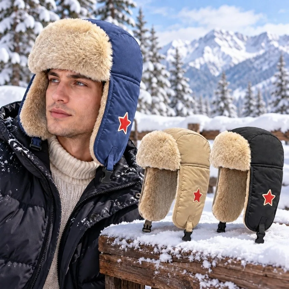 Faux Fur Lined Lei Feng Earflap Hat Windproof Thickened Pullover Cap Cold-Resistant Red Star Ushanka Hat Unisex Pilot's Hat
