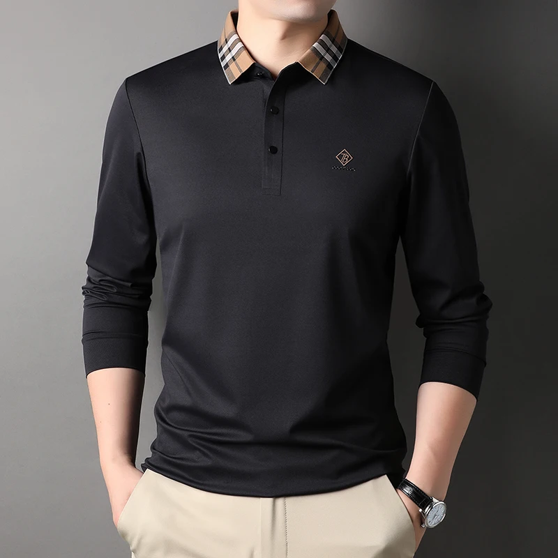 

Casual Polo Shirt Pure Color Embroidery Lapel High-quality Luxury High endSpring Autumn Business Long Sleeve Soft T-shirts man