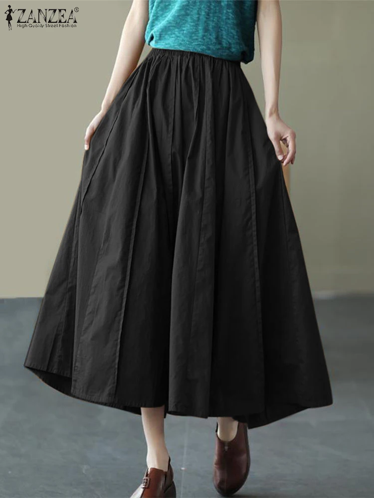 ZANZEA Women Elastic Waist Baggy Skirts Vintage Solid Pleated Skirt Jupe Summer Oversize Sundress 2025 Spring Loose Faldas Saia