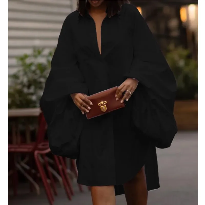 Moda damska Jesień Zima 2025 Luźna Dopasowana Krótka Koszula z Długim Rękawem Sukienka z Rozcięciem Seksowna Elegancka Nieregularna Damska Odzież Vestidos