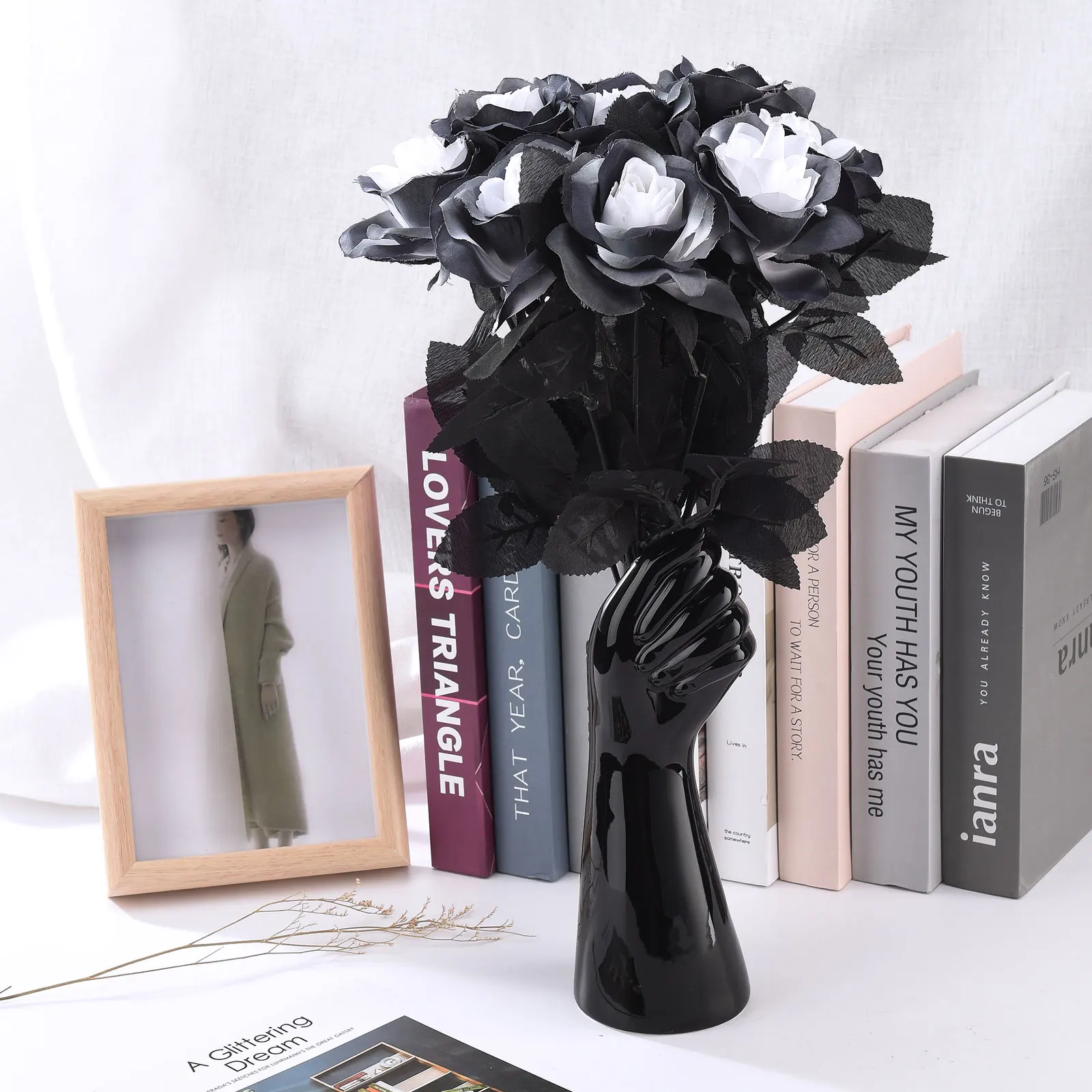 Home Decoration Artificial Rose Flower Hand Bouquet Fake Flowers DIY Wedding Supplies Black 1PC Table Floral Arrangements