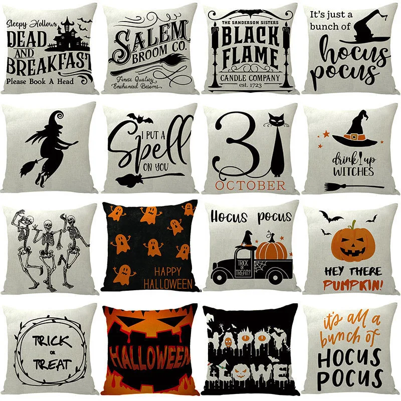 

Halloween Pillow Cover Holiday Home New Pillow Cover Witch Skull Head Print Cushion Cover