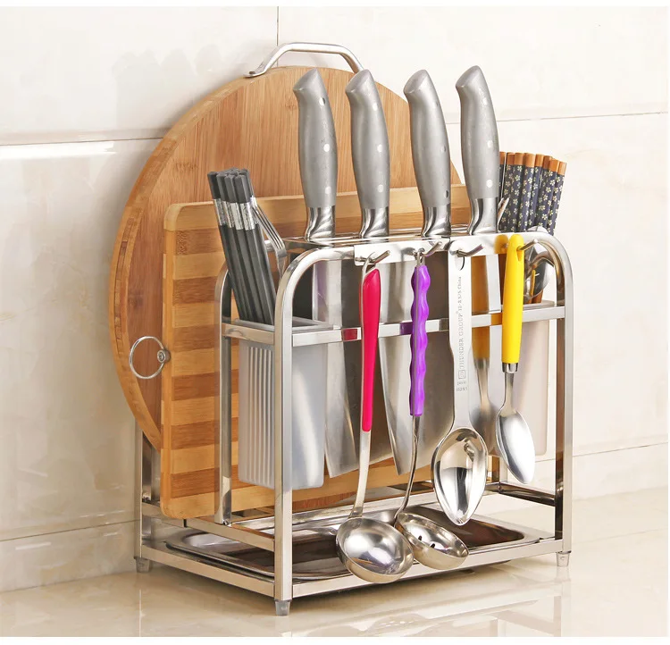 Stainless Steel Kitchen Storage Holder, Floor Type Shelf Rack, Pot Lid Cutting Board Holder, Knife Tableware Organizer