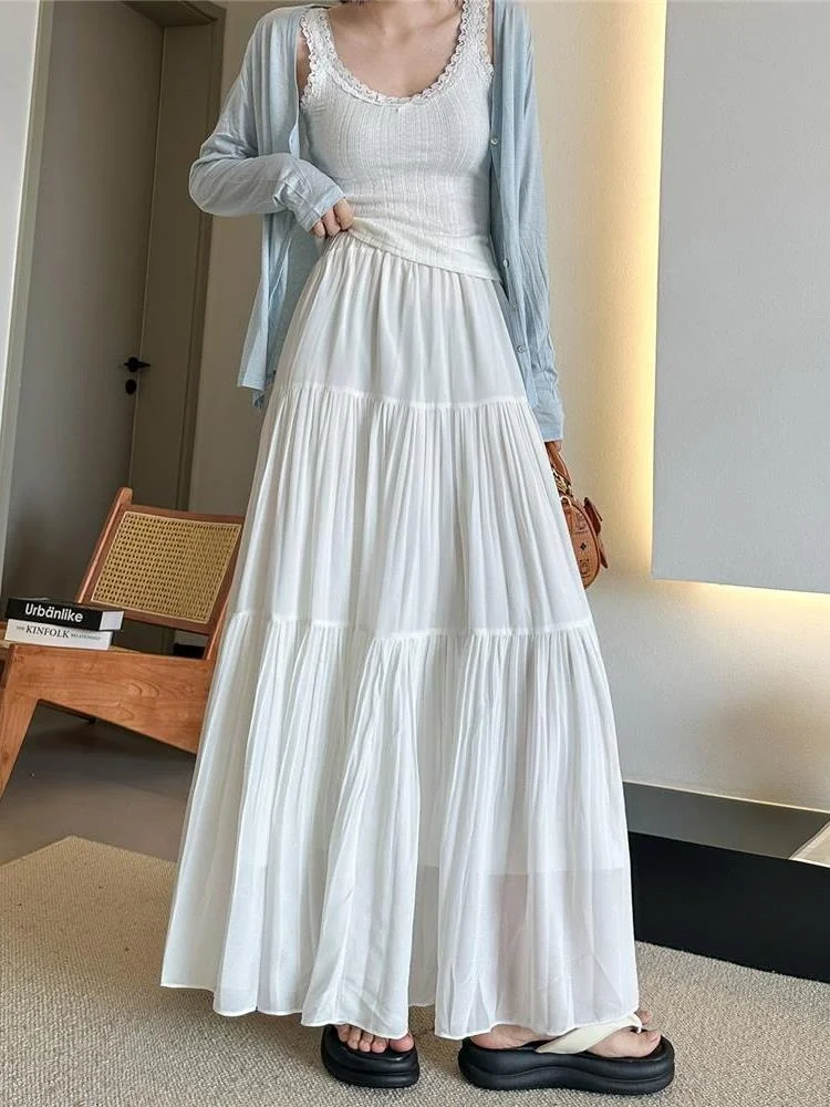 White Chiffon A-Line Cake Skirt Women's 2026 New Style Slimming Drapey Personality Splicing Long Skirt Casual High Waist Poly...