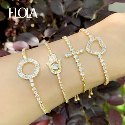 FLOLA Gold Plated Fatima Hand Cross Bracelets For Women Adjustable Cubic Zirconia Heart Tennis Bracelets Crystal Jewelry brtc30