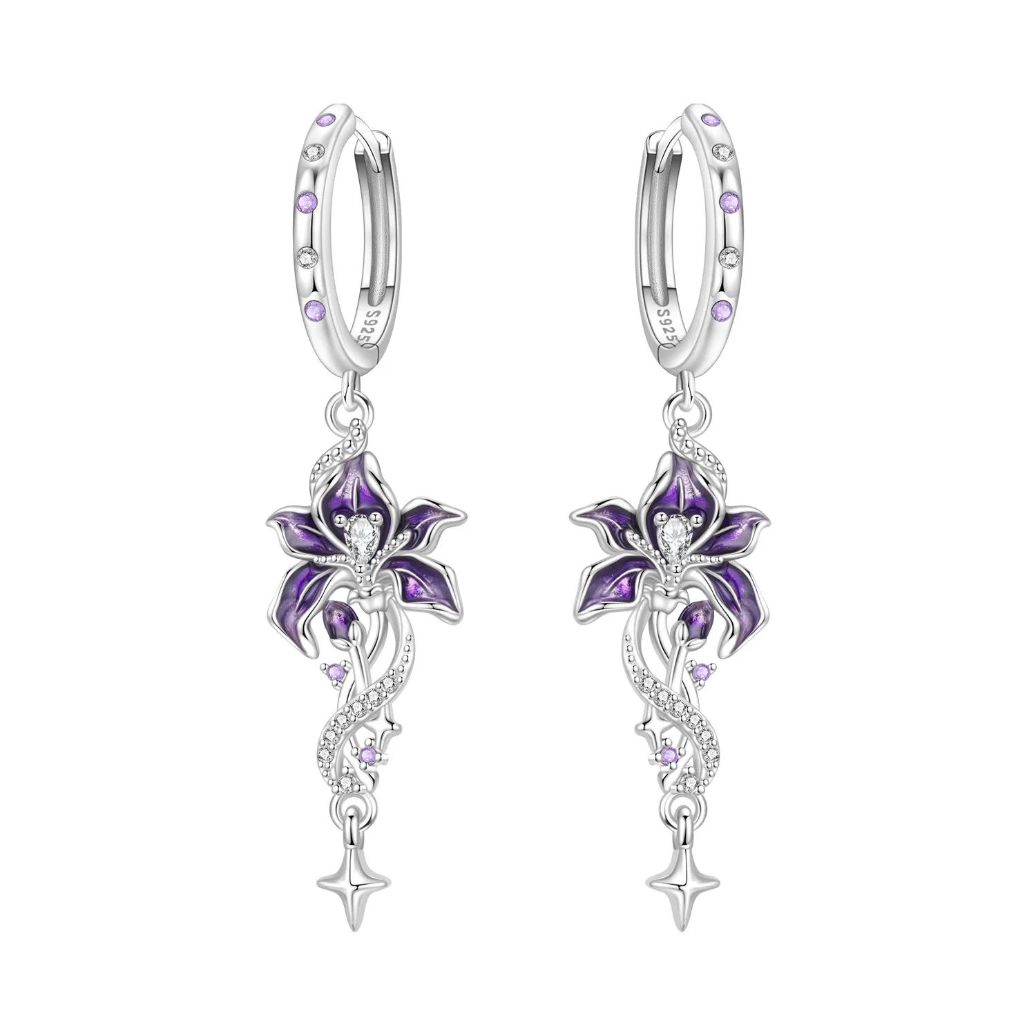 925 Sterling Silber Blumen-Ohrringe, exquisite blaue und violette Iris-Blumen-Ohrringe, modischer Ohrschmuck, Geschenk für Mädchen – Detail 1