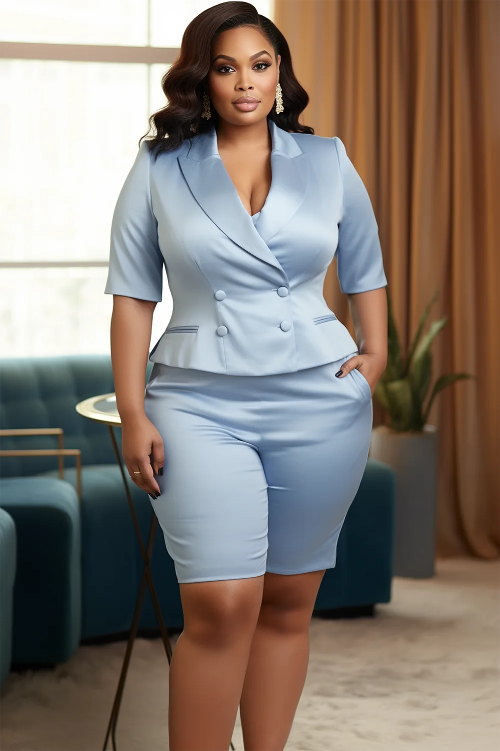 Ensembles courts semi-formels en satin bleu clair, grande taille, col à revers, manches courtes, 2 pièces