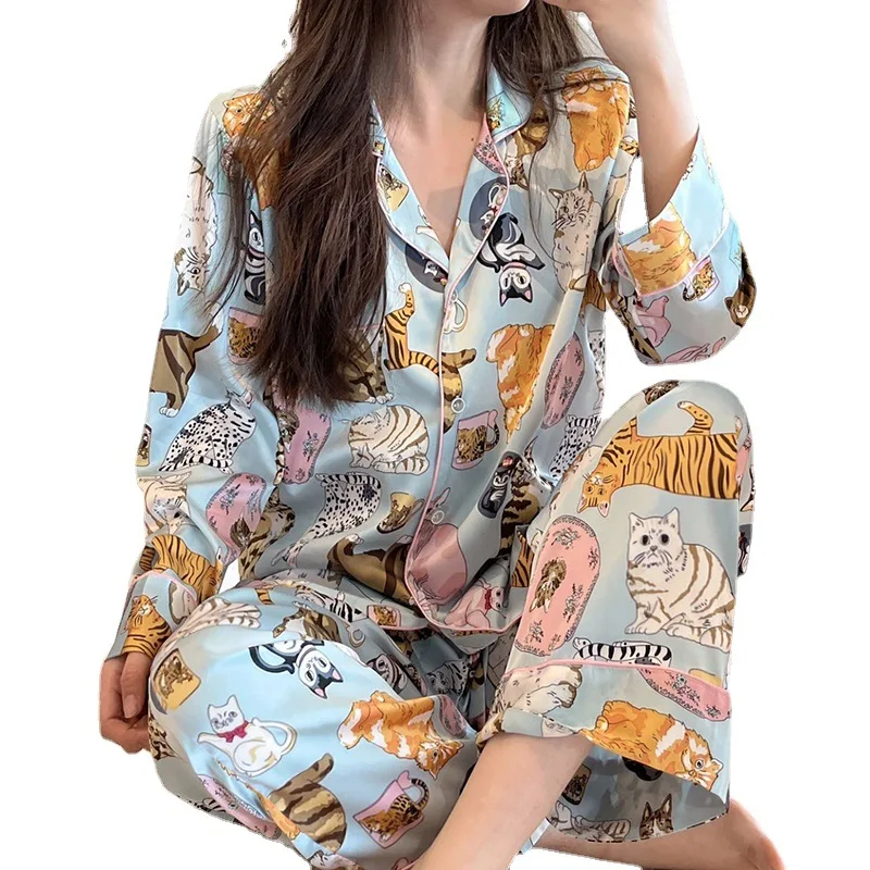 Pajamas for Female Spring and Autumncute Cat Cardigan Long Sleeved Pajamas Set Satin Loungewear Women Lingerie Kawaii Girl's Pjs