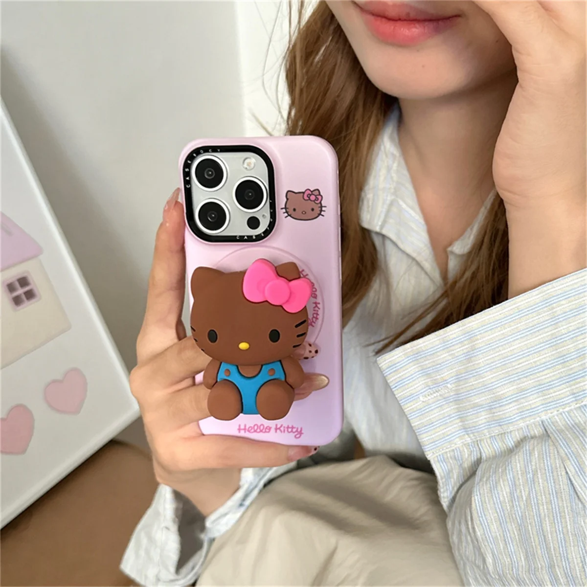 

Simple Cute Pink Color Magnetic Phone Case For iPhone 16 Pro 13 14 15 Pro Max Cover with Hellokitty Stand For Magsafe Cases