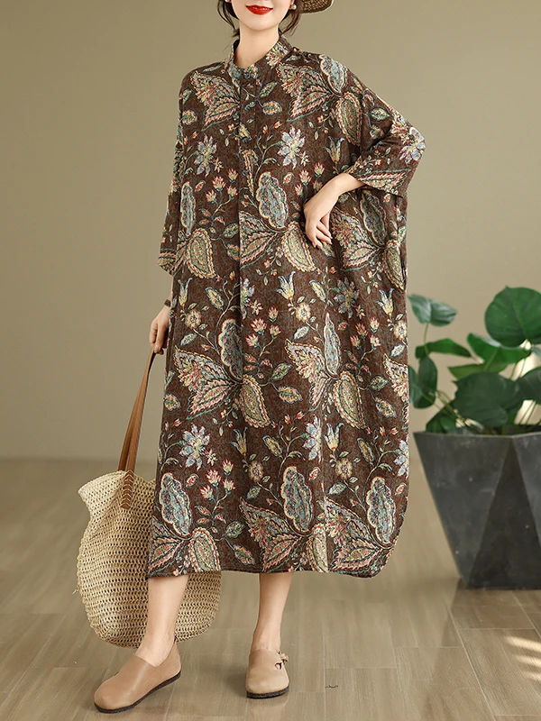 Rétro coton lin imprimé col montant ample Maxi Dr pour les vacances automne nouveauté Ele artistique grande taille femmes Dr