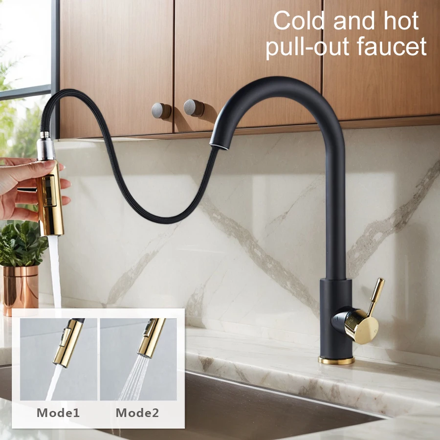 

1 Set of Pull-Out Hot and Cold Black Gold Faucets Suitable for Rvs and Home Kitchen Balcony Sinks, with Two Water Outlet Modes (Bubble + Shower Mode), Stretchable to 360 Degrees ° Cleaning, Complete with Installation Accessories