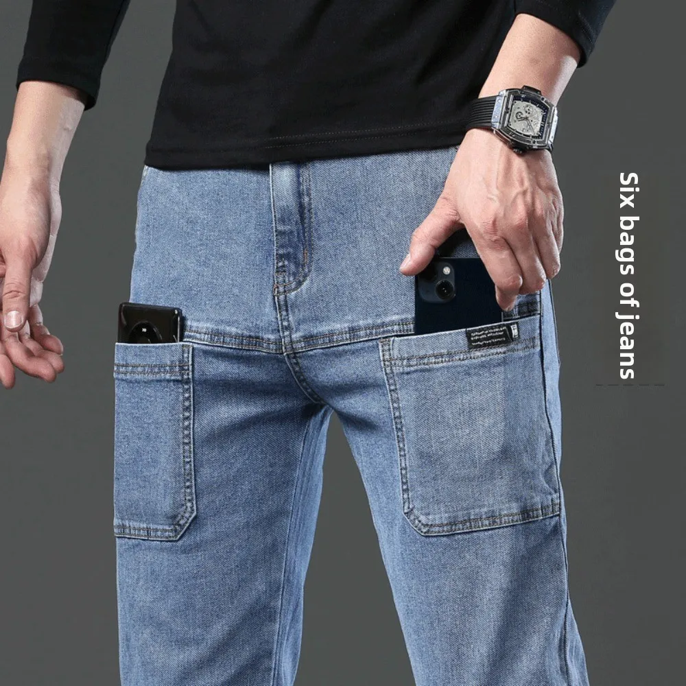 

Spring/Summer Thin Pocket Jeans for Men, featuring elastic comfort, multiple pockets, and a versatile casual look