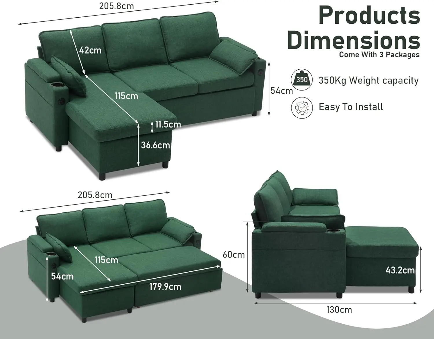 Sofa Bed, Pull Out 2 in 1 Sectional Sleeper Sofa Couches with Storage,USB, Cup Holder,Pullout Sectional Couches, Sofa Bed