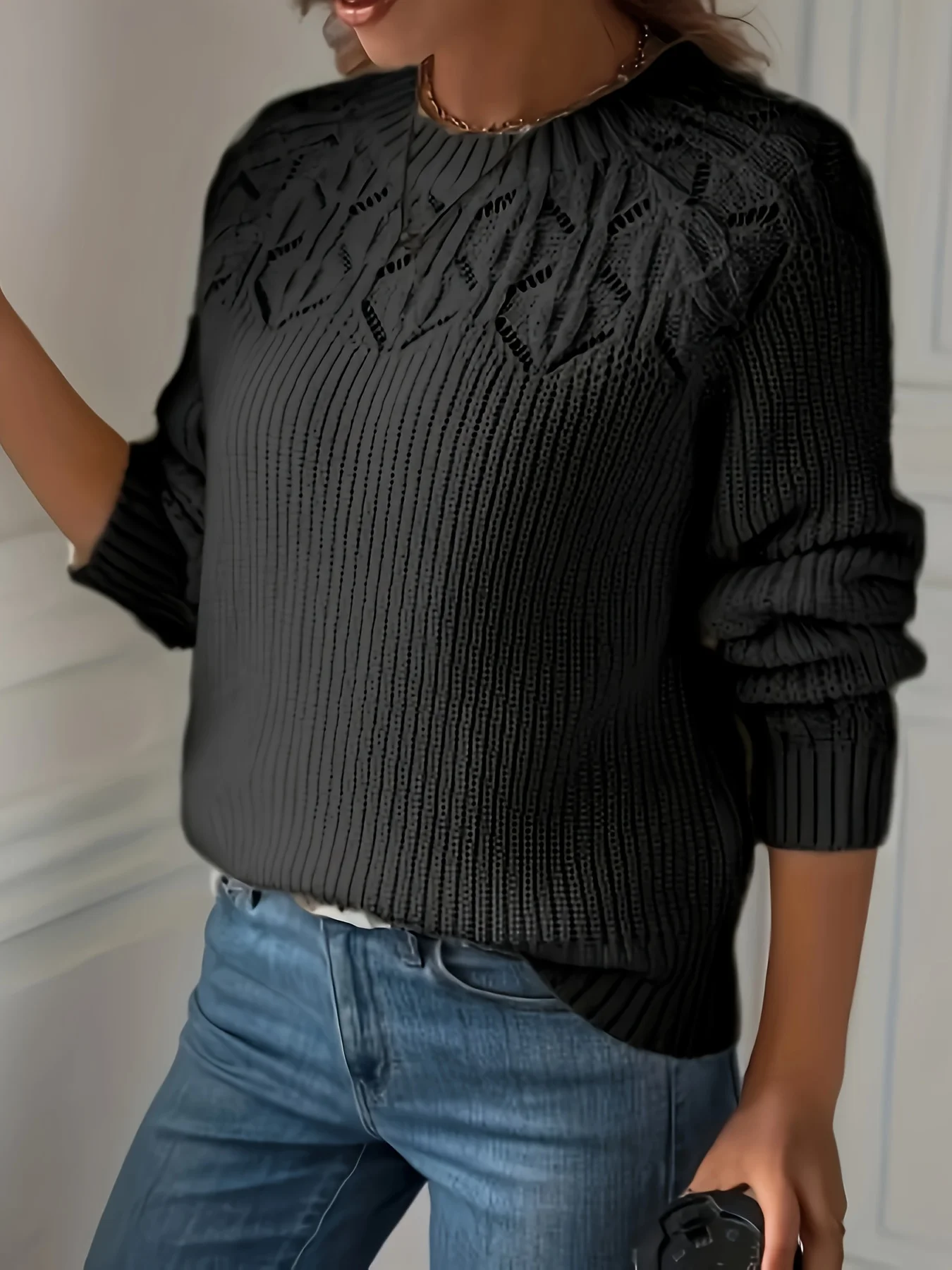 

Женский черный вязаный пуловер большого размера, модный, простой, в стиле ретро, с круглым вырезом, с декоративным узором-воздухоходом