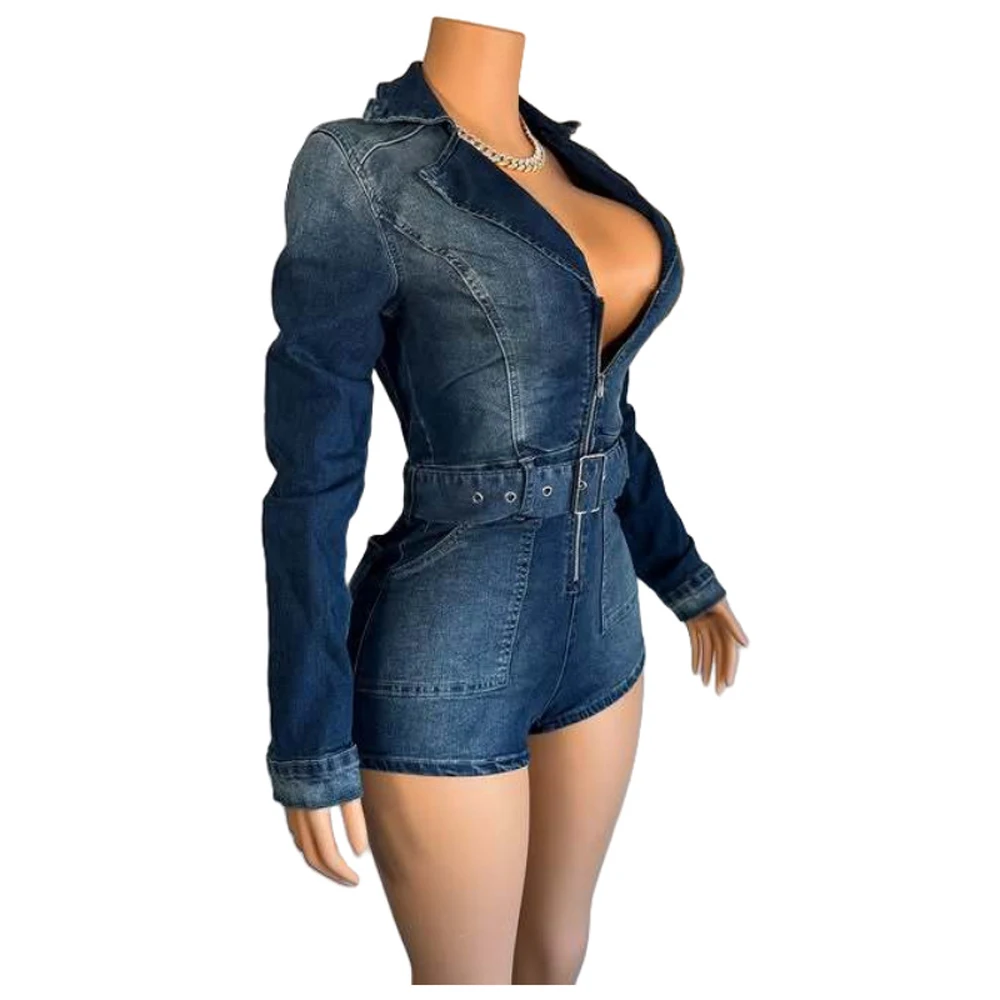 Lady Denim Long Sleeve Romper Streetwear Sexy Zipper V Neck Belt Jean Jumpsuit Shorts for Women New Arrivals 2025 Spring Clothes