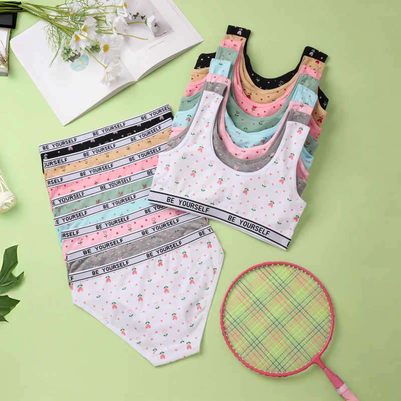 VITALINOVO Girls Cami Bra and Brief Underwear Set Scoop Neck Padded Cotton Training Bra Matching Elastic Waistband Panties Sets