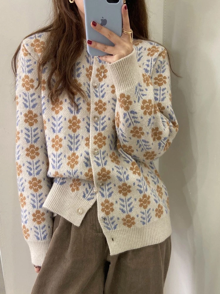 Autumn Cardigan Women Korean Fashion Sweater Prairie Chic Flowers Knitted Sweater Cardigan Jumpers Cozy Vintage Outerwear