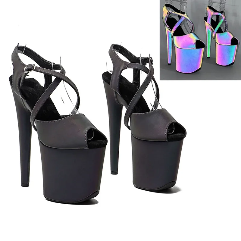 Leecabe 20cm/8inch Night light Holographic Reflective Platform Sandals party High Heels stripper heel Pole Dancing Shoes