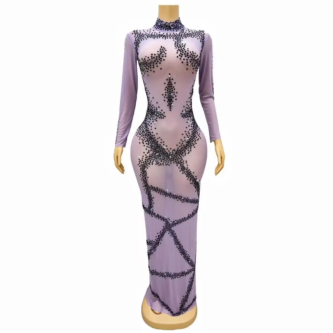 Skinny Black Rhinestones Long Sleeves Luxurious Evening Dress Sexy Big Stretch Purple Costume Prom Performance Dresses Zhima