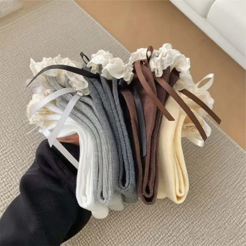 5足組 多用途 ホワイトレース レディース 春秋スタイル ミッドチューブソックス 蝶結び付き カレッジスタイル レディースソックス
