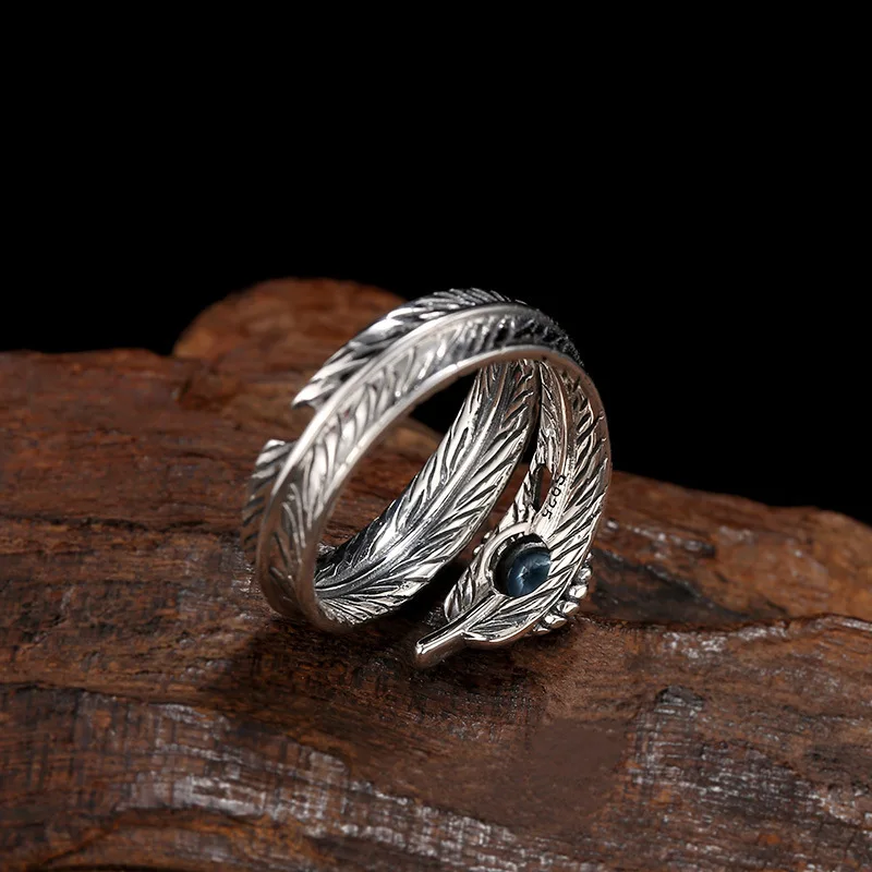 Wholesale S925 pure silver rings for men and women, feather inlaid with zircon, fashionable retro Thai silver rings, index finge